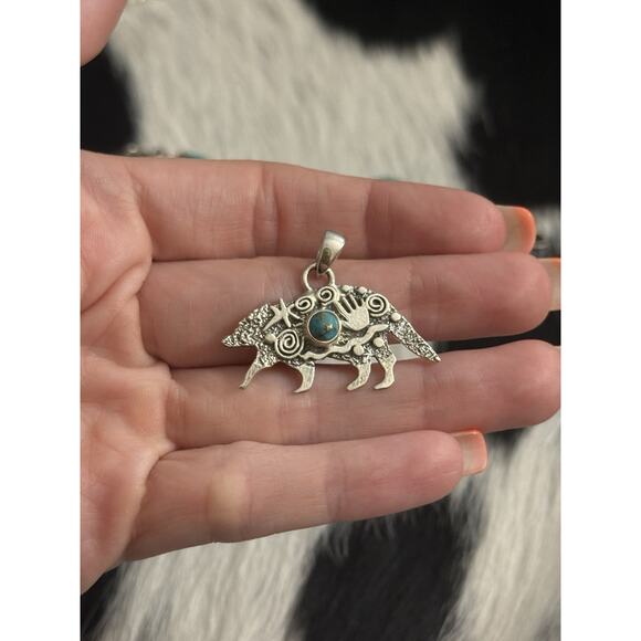 Native American Sterling Silver Turquoise Spiny Armadillo Picto Story Pendant - Picture 4 of 8